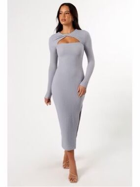 Long Sleeve Twist Cutout Bodycon Slit Dress - Pastel Pale Blue Gray Size M